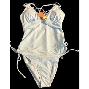 Musemaker One Piece Swimsuit Women V Neck Tummy Control Size Medium Light Blue